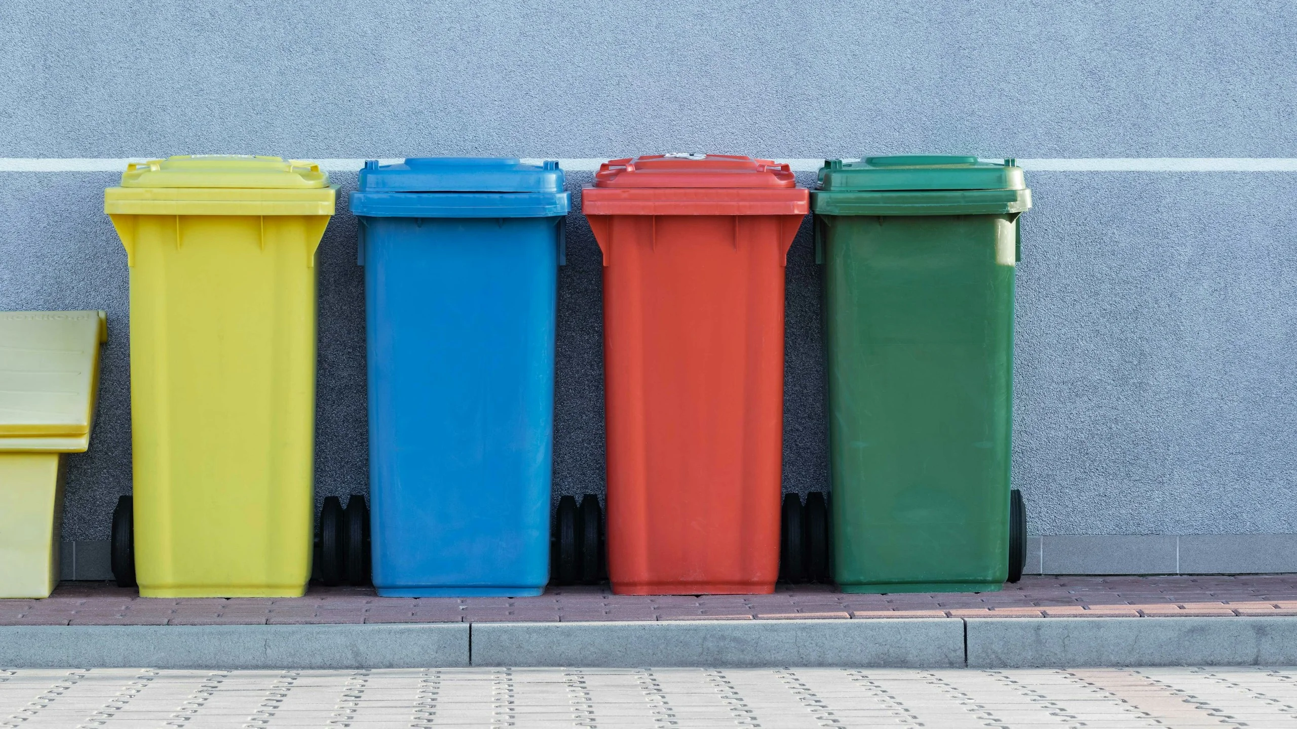 Four waste bins in different colours for sorting against a grey wall